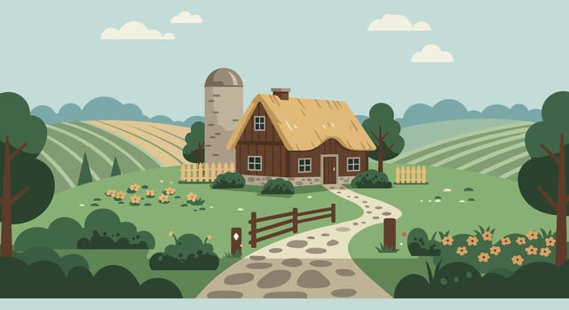 Farm landscape with farmhouse, barn and fields vector