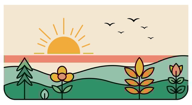 A flat style illustration of a landscape with sun and birds vector