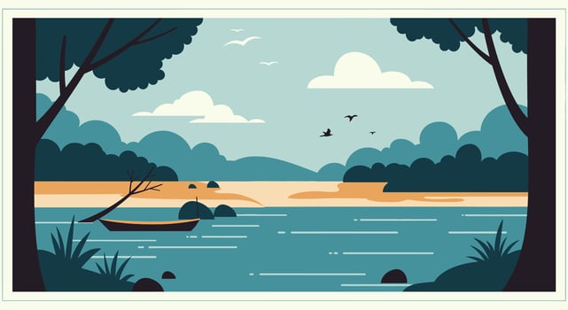A poster of a boat on the river with trees and birds vector