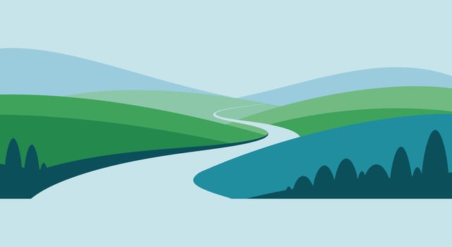 A green and blue landscape with a road running through it vector