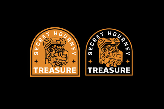 Treasure chest retro badge logo design set for merchandise. Pirate treasure vintage emblem logo graphic pack. Hidden wealth illustration label element design vector