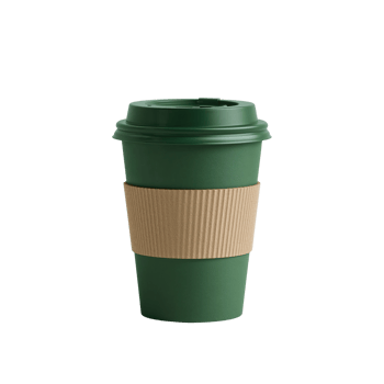 A minimalist image showcasing a green reusable coffee cup with a textured sleeve isolated on a png