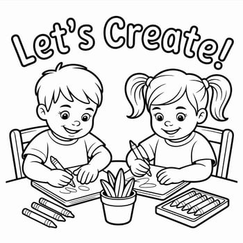 Two Children Drawing with Crayons Lets Create. vector
