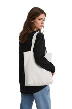 Elegant woman showcases an off-white tote bag against an unobtrusive clear canvas space for design png