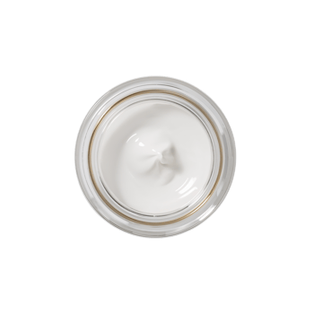 Elevated perspective of a pristine white cream in a clear jar showcasing smooth texture against an png