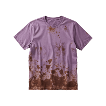 Distressed lilac tee shirt with expressive earth tone splatter accents offering a raw aesthetic png