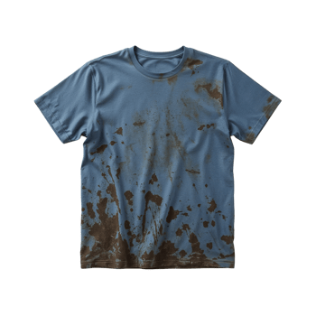 Distressed blue t-shirt with mud splatters isolated on transparent background for design resources png