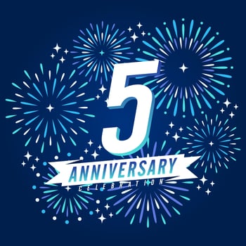 5 years anniversary with ribbon and fireworks sparkle background vector