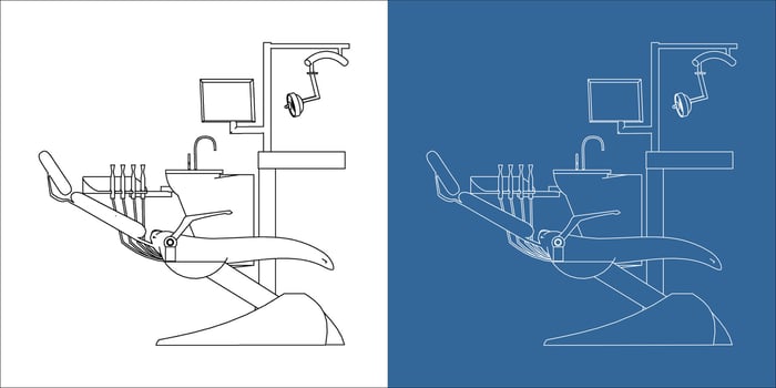 Dental chair line drawing illustration, blueprint style equipment design vector