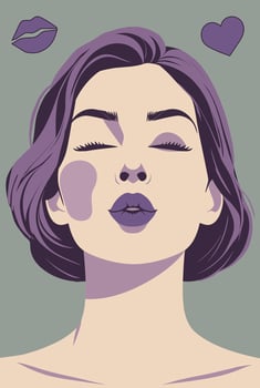 Portrait of a woman with puckered lips, blowing a kiss in mauve, green and beige hues. Flat geometric style with clean shapes, modern and poster-like design. vector