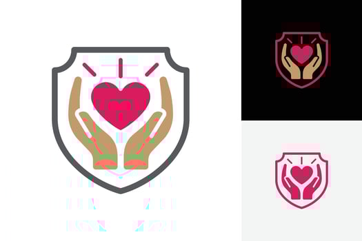 Modern logo featuring two protective hands gently holding a heart within a shield outline. Symbolizing safety, care, love, charity, insurance, or health protection design concept vector