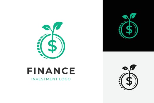 Finance logo with dollar coin and green sprout symbol for investment growth, sustainability, and wealth development. graphic vector