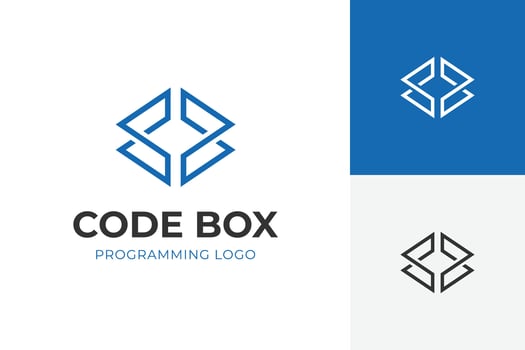 Modern Coding box logo with abstract geometric code symbol for software development, tech companies, coding platforms, software houses. graphic vector