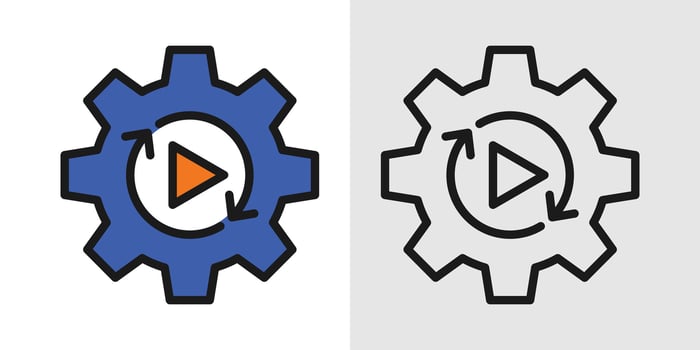 automation software graphic icons with gear and play symbol for workflow automation, system integration, continuous deployment vector