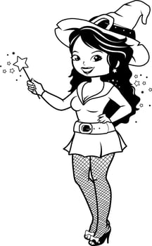 Halloween trick or treat witch. A beautiful woman in witch costume holding her magic wand on Halloween night. Black and white coloring page vector