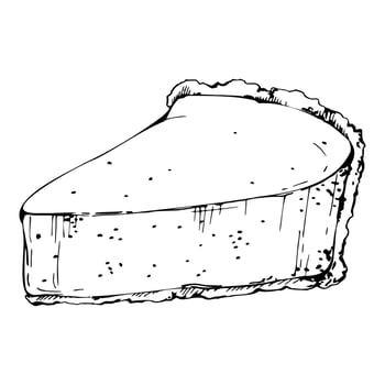 Souffle torte portion, cheesecake slice, sponge cake or tart base in ink. Hand drawn isolated clipart illustration. Dessert packaging, brunch menu visuals, gourmet cookbooks, food blog labels. vector