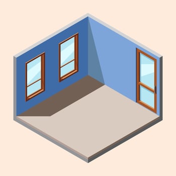 Isometric empty room with door and window. Isometric home room. Room interior without furniture. Square space. illustration vector
