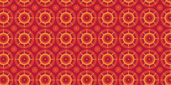 Geometric Circular Floral Seamless Pattern with Red and Orange Mandala Motifs. Traditional decorative textile design, ideal for wallpaper, fabric, packaging, web, cards, illustrations vector