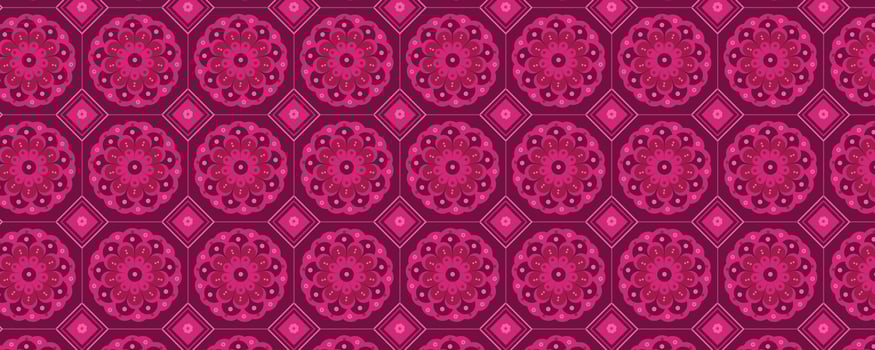 Ornamental Seamless Pattern with Pink Mandala Flowers and Geometric Tiles. Luxury decorative wallpaper ideal for fabric, packaging, web, cards, illustrations vector