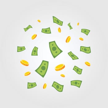 illustration of scattered money, with both green paper bills and gold coins falling against a light gray background. This flat, modern design is great for concepts like finance, income, and success vector