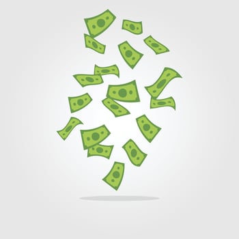A modern illustration of a shower of green paper money falling on a light gray background. This clean, flat design is perfect for themes of finance, income, and success vector