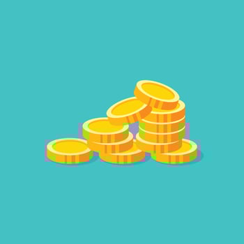 A simple illustration of a stack of shiny gold coins on a teal background. The minimalist, flat design is perfect for finance, wealth, and success concepts. Easy to use for websites, apps vector