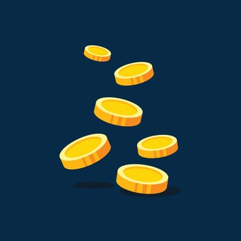A clean illustration of golden coins falling against a dark blue background. This modern, flat design is ideal for themes of investment, finance, and earning. Perfect for business technology vector