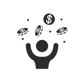lottery winning icon, win jackpot, happy human with explosion coins, flat symbol - illustration vector