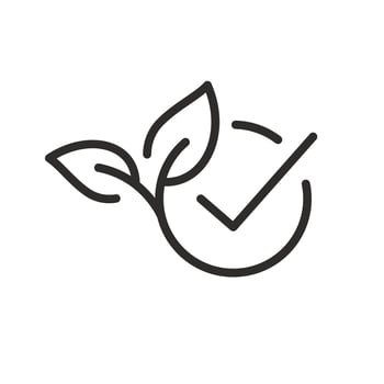 linear icon of approval eco friendly concept, check mark with leaf, certification vegetarian quality, ecology element, thin symbol, illustration vector