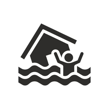 person drowns and calls for help icon, flood, house in water waves, flat symbol on white background - illustration vector