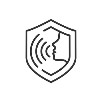 protected speech icon, freedom free voice, shield with speaker human, thin line symbol on white background - editable stroke illustration eps10 vector
