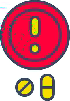 A red and yellow sign with a pill and an exclamation mark vector