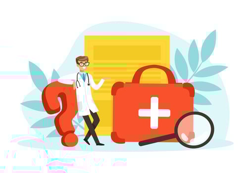 Tiny Doctor and Huge First Aid Kit, Doctor Examining and Treating Patient Illustration vector