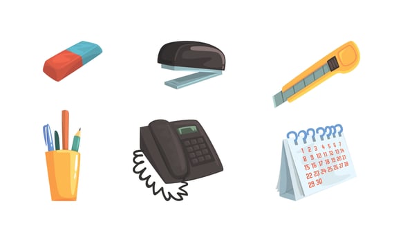 Office Desk Supplies with Cutter Knife and Stapler Set vector
