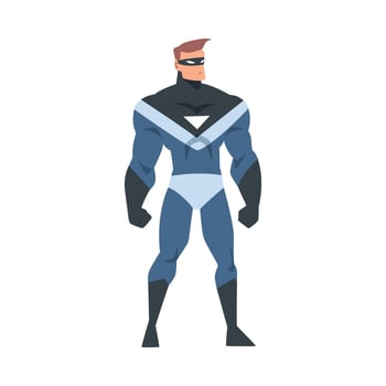 Front View of Man Superhero Character in Black and Blue Costume Cartoon Illustration vector