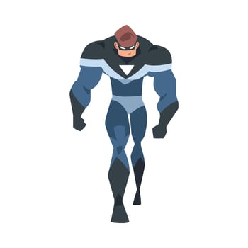 Powerful Man Superhero Character in Blue Costume and Mask Cartoon Illustration vector