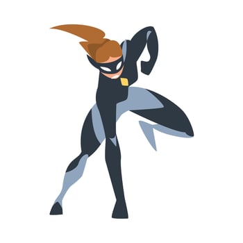 Girl Superhero Character in Action, Superwoman in Black and Gray Costume and Mask Illustration vector