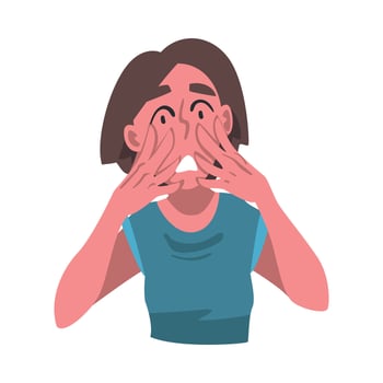 Scared Girl With Reddened Skin Covering Face with her Hands, Skin Radness Symptom of Heart Stroke Cartoon Illustration vector