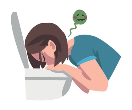 Sick Young Woman Vomiting into Toilet Bowl, Symptom of Heart Stroke Cartoon Illustration vector