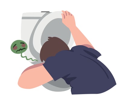 Sick Man Vomiting into Toilet Bowl, Symptom of Heart Stroke Cartoon Illustration vector