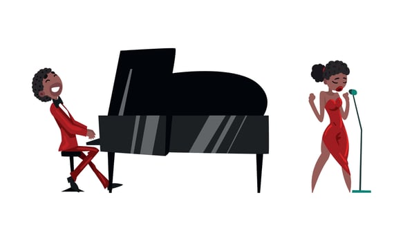 African American Musicians Singing and Playing Grand Piano Cartoon Illustration vector