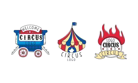 Welcome Circus Logo Set, Carnival and Circus Show Retro Badges and Labels Hand Drawn Illustration vector