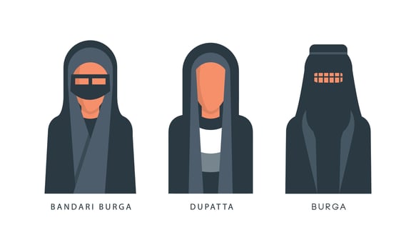Muslim Female Headgears Set, Bandari Burga, Duratta, Burga Headdress Flat Illustration vector