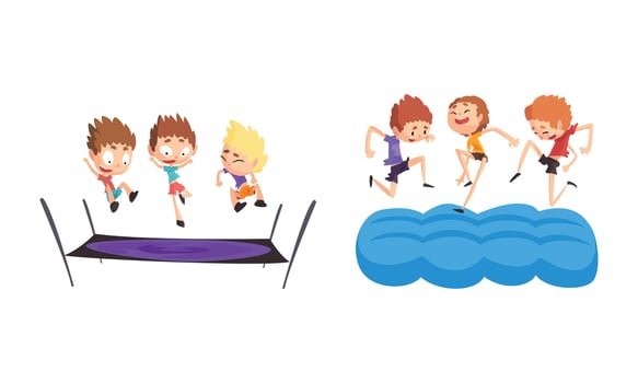 Happy Kids Playing Trampoline Set, Cute Boys Bouncing and Having Fun Cartoon Illustration vector
