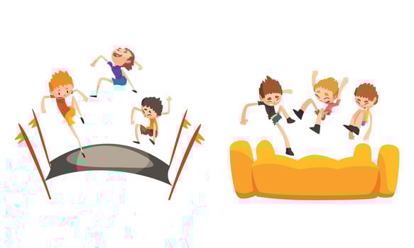 Happy Kids Playing Trampoline Set, Cute Boys Bouncing and Having Fun, Active Children Game Cartoon Illustration vector