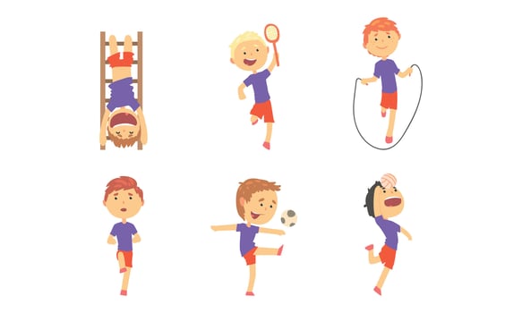 Little Boy Engaged in Physical Education and Athletics Running and Playing Volleyball Set vector
