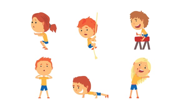 Little Boy and Girl Engaged in Physical Education and Athletics Jumping Over Pommel Horse and Stretching Set vector