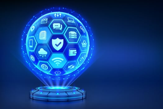 Blue digital sphere with technology icons vector