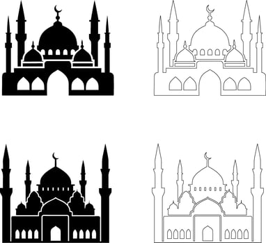 Silhouette of a mosque with large central dome and tall minarets, flat black design vector