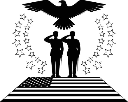 Patriotic Silhouette Soldiers Saluting Under Eagle and Stars Above American Flag vector